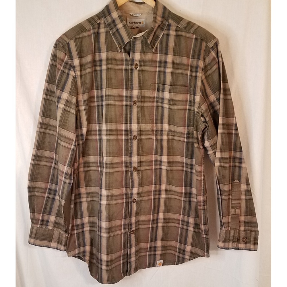 Carhartt‎ Men's Adult Sz M Button Shirt Long Sleeve Green Plaid Relaxed Fit Work